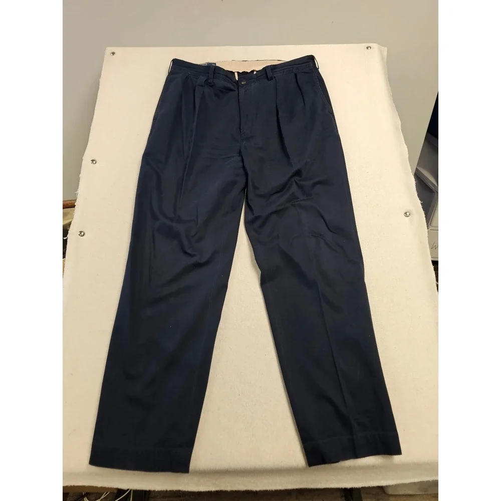 Polo Ralph Lauren Andrew Pant Mens 38x32 Navy Blue Pleated Cotton Chino Trousers